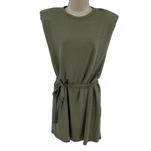 Francesca's Dress Medium Knit Green Short Sleeve Shoulder Pads Tie Casual NWT
